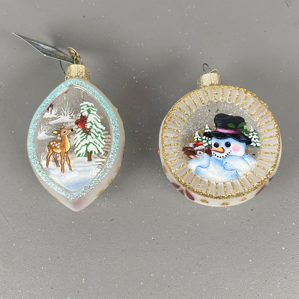 Old World Christmas Glass Inside Art Ornaments Snowman Scene & Deer W/ Cardinal